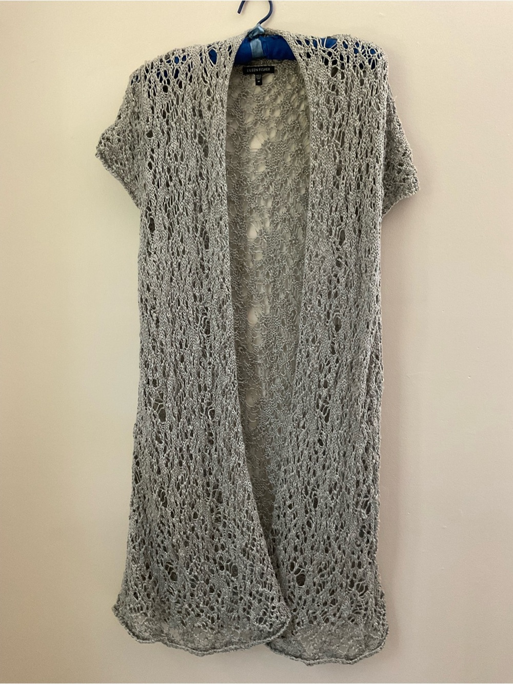 Eileen Fisher linen cotton Light Gray Open-Front Crochet Short-Sleeve Cardigan